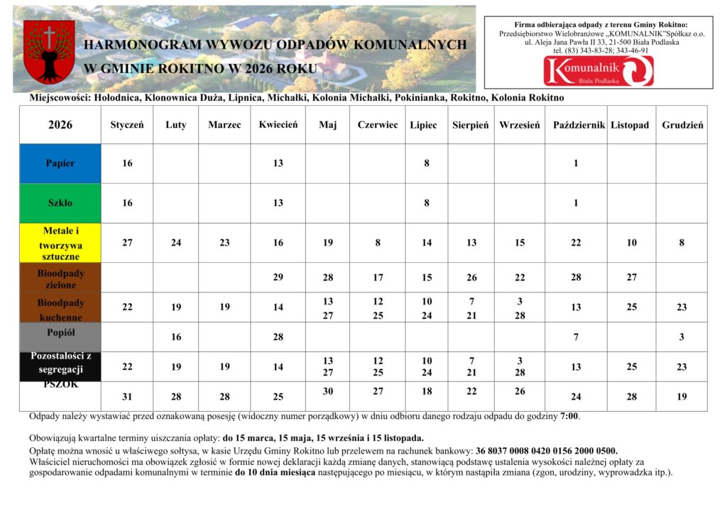 Harmonogram odbioru odpadów na terenie gminy: Hołodnica, Klonownica Duża, Lipnica, Michałki, Kolonia Michałki, Pokinianka, Rokitno, Kolonia Rokitno