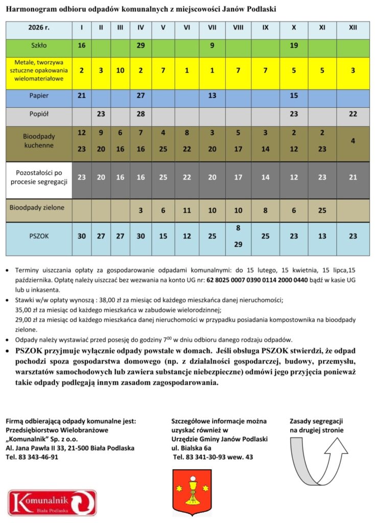 Janów Podlaski - harmonogram odbioru odpadów komunalnych