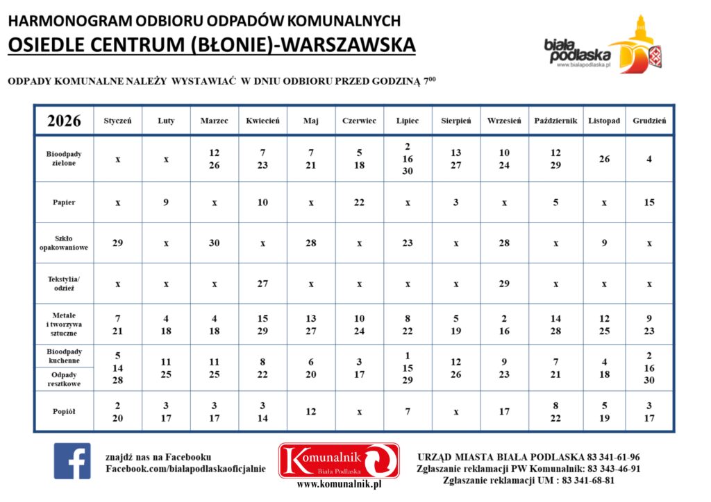 harmonogram odbioru odpadów komunalnych na 2026 r. - Osiedle Centrum (Błonie)-Warszawska