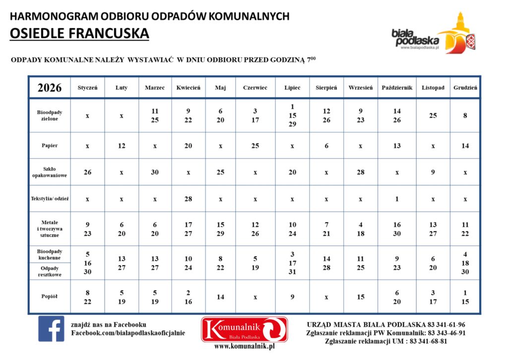 harmonogram odbioru odpadów komunalnych na 2026 r. - Osiedle Francuska
