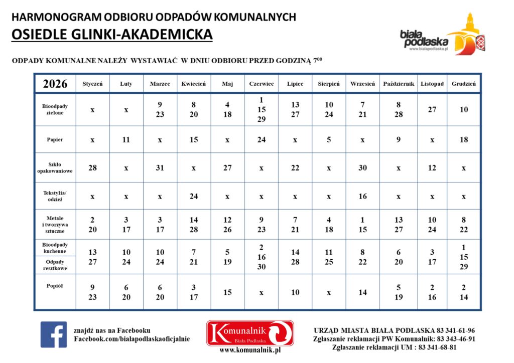 harmonogram odbioru odpadów komunalnych na 2026 r. - Osiedle Glinki-Akademicka