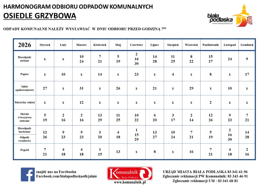 harmonogram odbioru odpadów komunalnych na 2026 r. - Osiedle Grzybowa