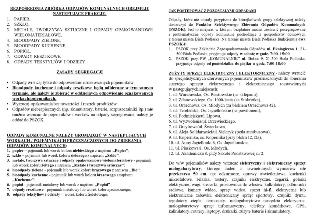 Zasady selektywnego zbierania odpadów komunalnych - miasto Biała Podlaska