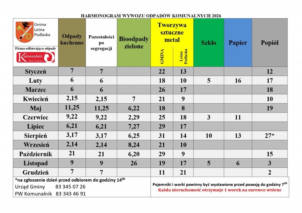 harmonogram leśna podlaska 2026